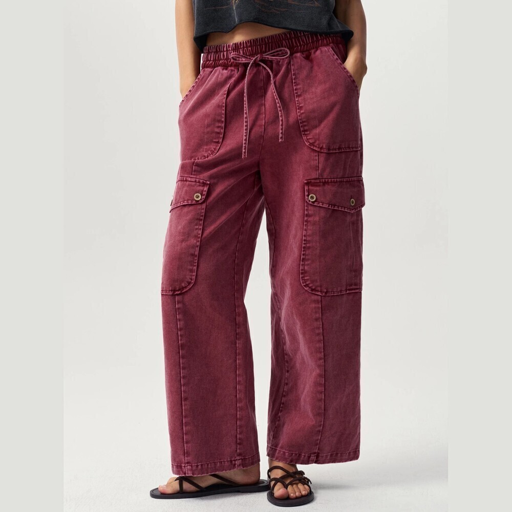 Burgundy Wash Cargo Pants Drawstring Waist Wide Leg Loose Fit